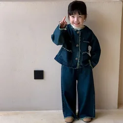 2pcs Girls Clothes Set Fashion Denim Cardigan and Pants Clothing Autumn Solid Coat with Tassels Outfits for Kids Girl's Clothes