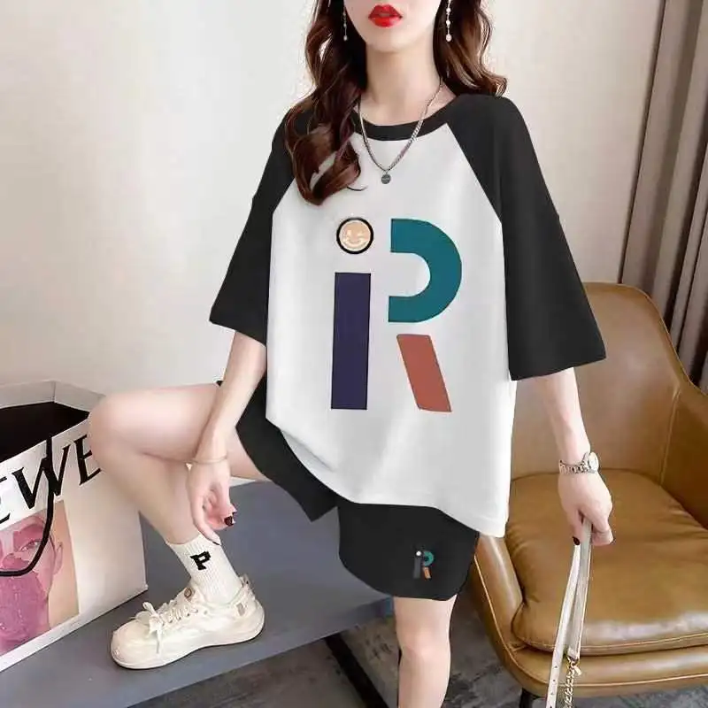 Women Summer Suit Fashion Loose Printing Large Size O-neck Short Sleeve T-Shirt Ladies Casual Appear Thin High Waist Shorts