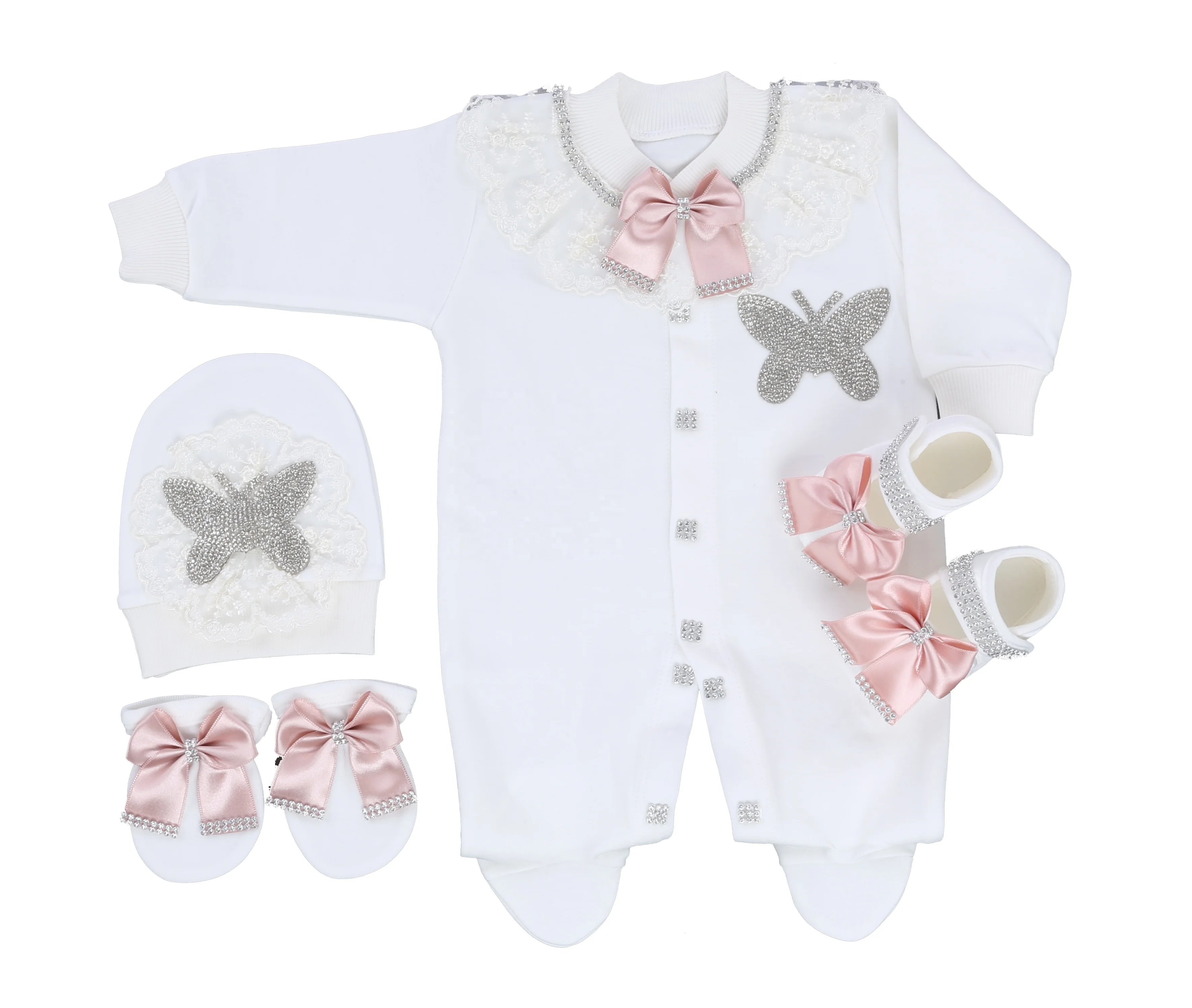 Rhinestone Butterfly Lace Bow Baby Footed Jumpsuit Newborn 0-9 Months 4Pcs White Pink Princess Romper Boutique Baby Gift