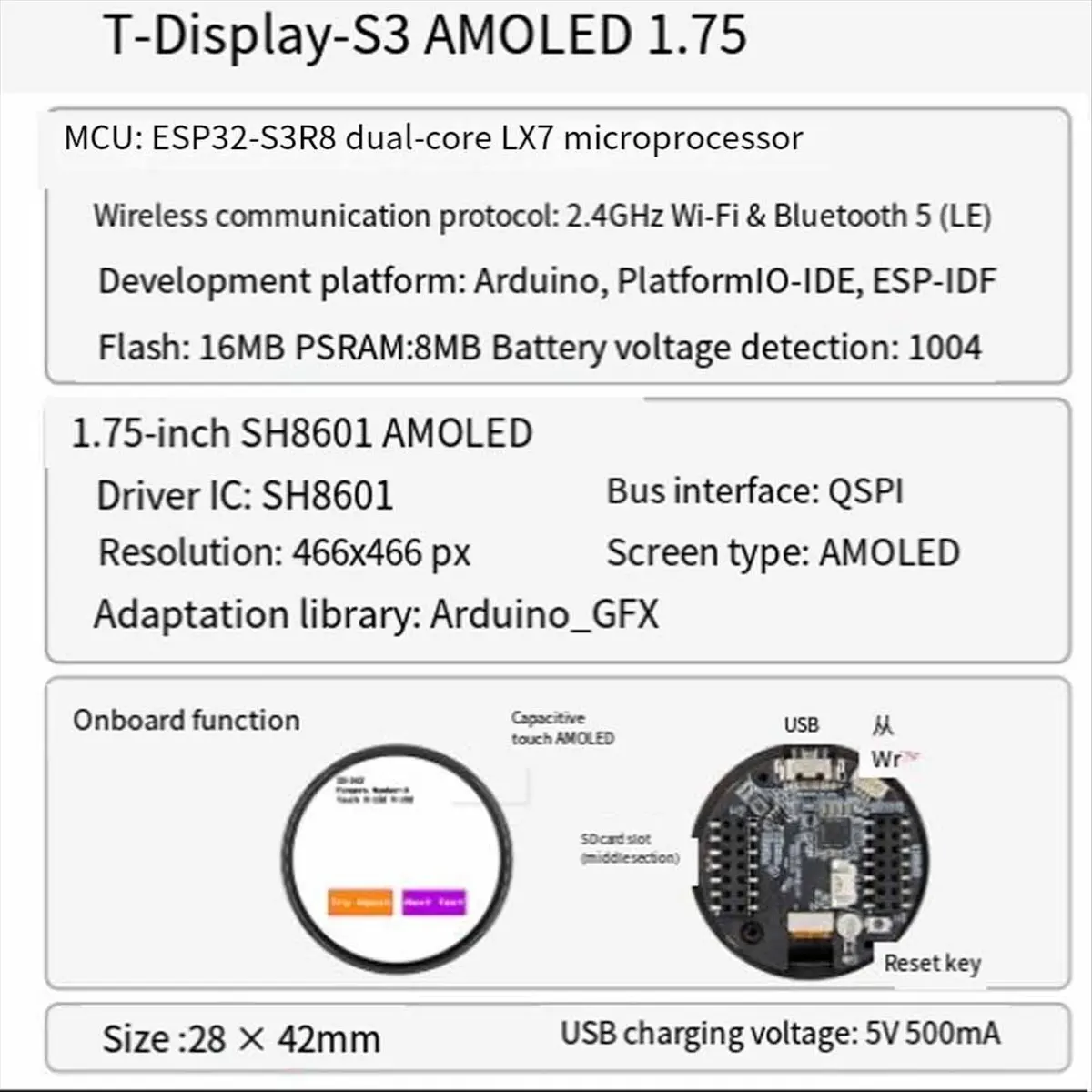 ^&*Summer sale- T-Display- - Development Board, 1.75-Inch AMOLED, WiFi, Bluetooth, 16MB Flash, 8MB PSRAM
