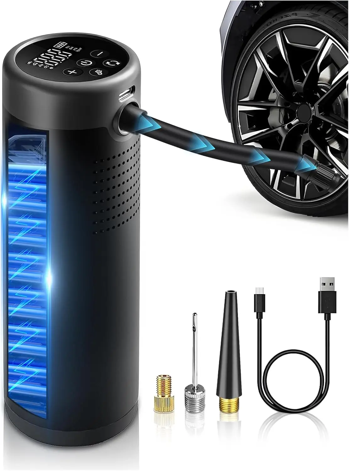 

Portable Tire Inflator 150 PSI Cordless Air Compressor with Gauge & LED Light, for Bike, Car, Motorcycle, Balls - Black, 5200mAh