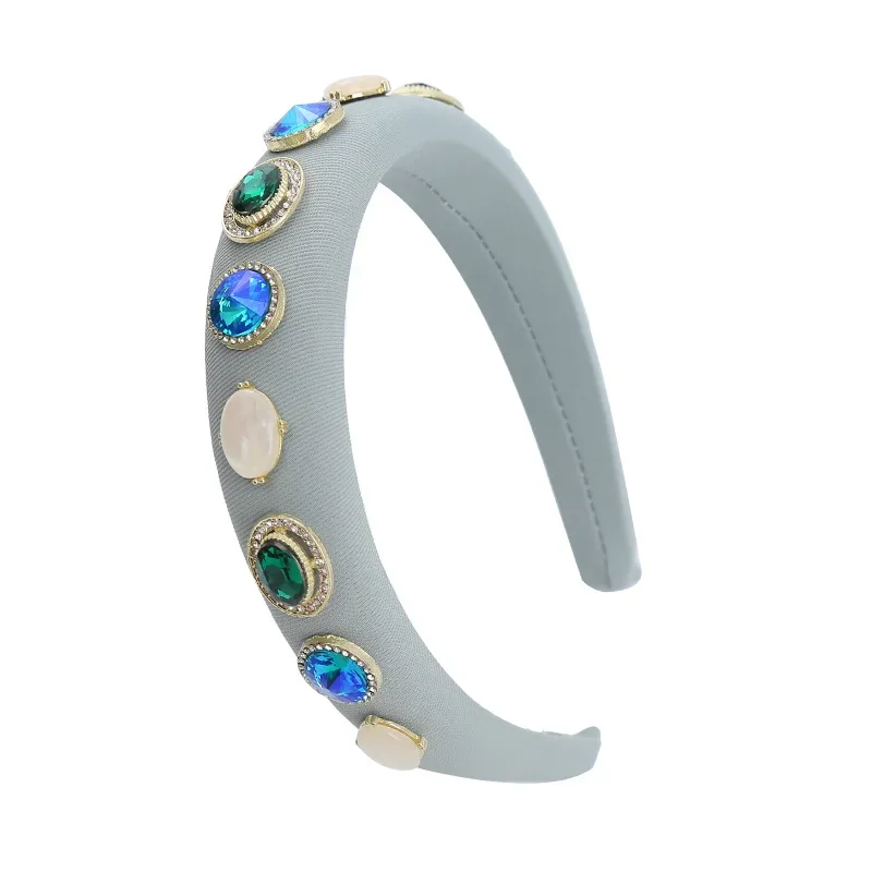 Pastel Blue Padded Hairband Aurora Crystal Jewel Headband Round Opal Stone Hair Hoop Statement Wedding Prom Headpiece view 6