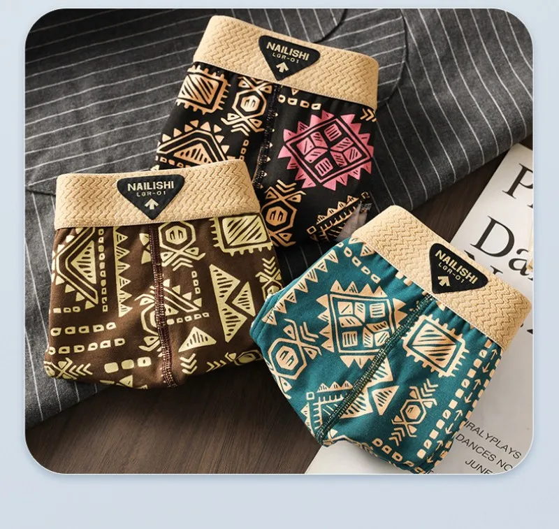 3-teiliges Set Herren-Baumwollslips im Retro-Ethno-Stil Bedruckte Unterwäsche Weiche Atmungsaktive Mittelhoch Sitzende Slips Komfortable Dehnbare Alltagsunterhosen – Detail 11
