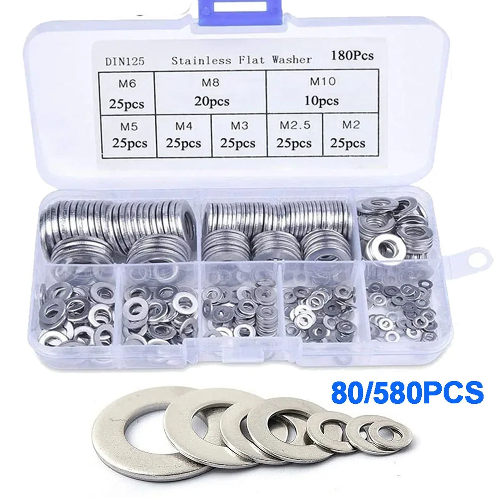 580PCS Stainless Steel Flat Washer 9 Size Washers Assortment Kit M2 M2.5 M3 M4 M5 M6 M8 M10 M12 80-180PC Stainless Steel Gasket
