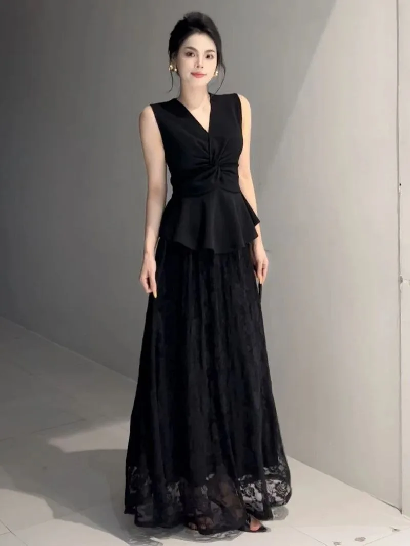 

New French Summer Eegant Two Piece Set Women Fashion Sleeveless Slim Waist Vest Top + A-line Lace Long Skirt Black Party Suit