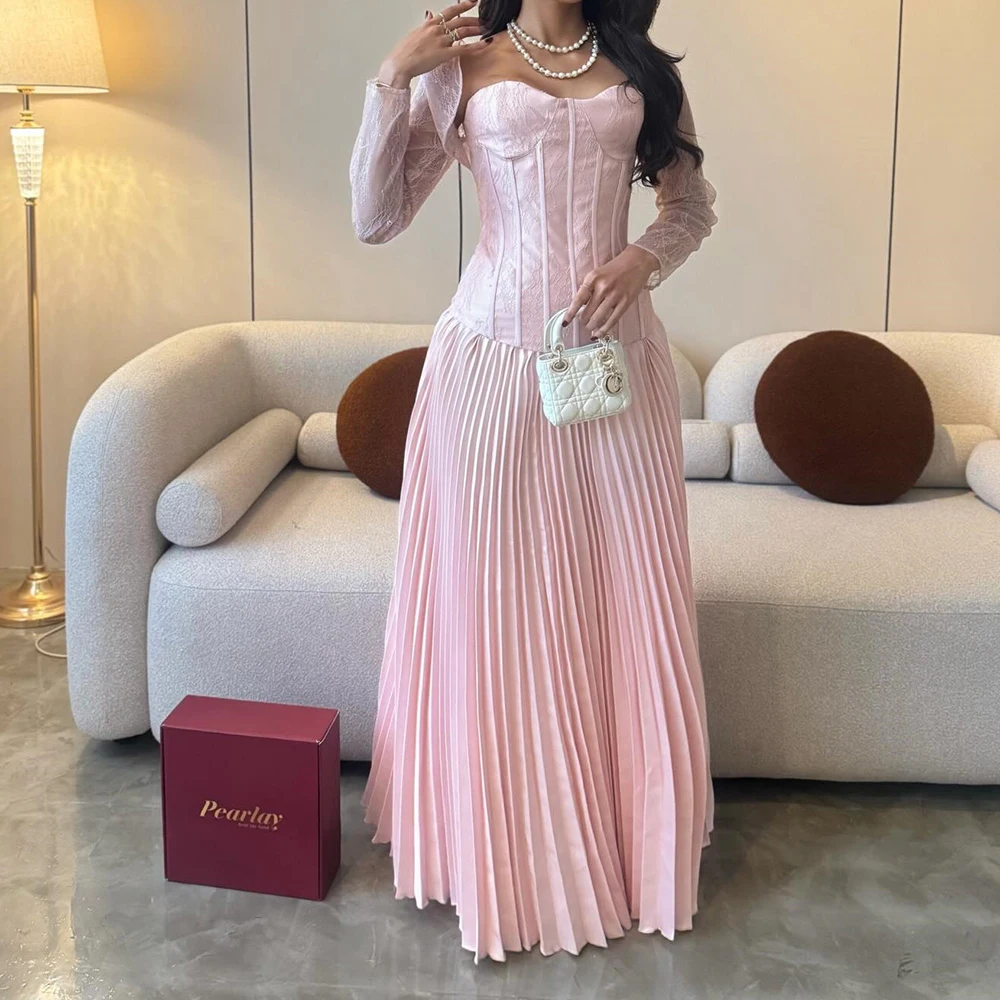

A-line Mermaid Evening Dresses Floor-length Strapless Full Sleeve Prom Gown Fashion Lace Simple Draped Casual Customized Gowns