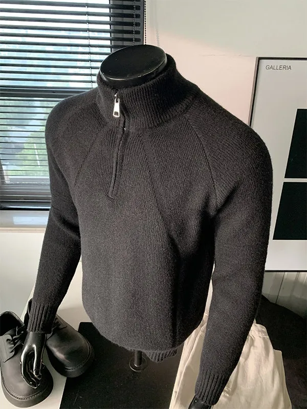 

Bla Thiened f Zip Knitted Sweater Men's Casual Winter Warm Inner Wear American Sle Heavy Base irt for Daily Use