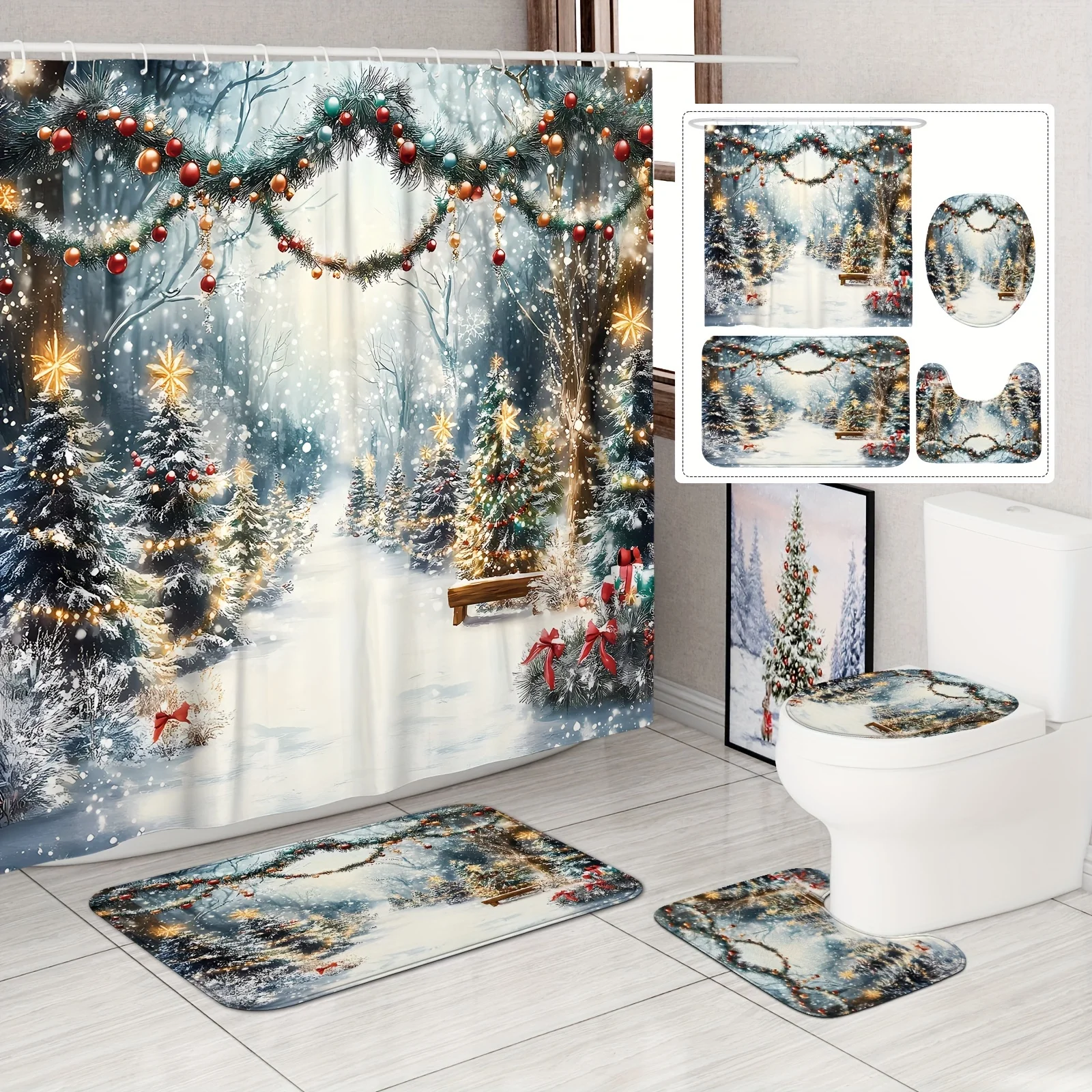 4Pcs Xmas Tree Ball Bath Set, Green White, Curtain & Mat, 12 Hooks, Non-Slip Mat, U-Shaped Cover, Christmas Shower Decor