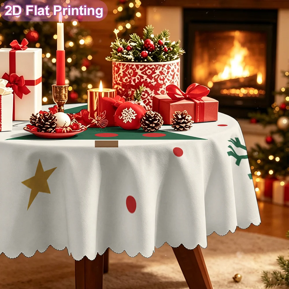 2D flat 1 piece tablecloth, colorful Christmas tree snowflake star pattern theme