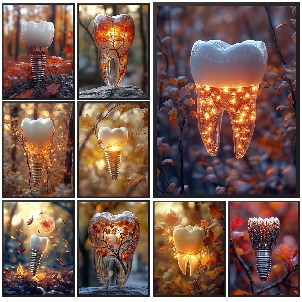 Tooth Dentist Teeth Autumn Dental Implants Poster Wall Art Canvas Painting Home Decor Wall Pictures For Living Room Unframed