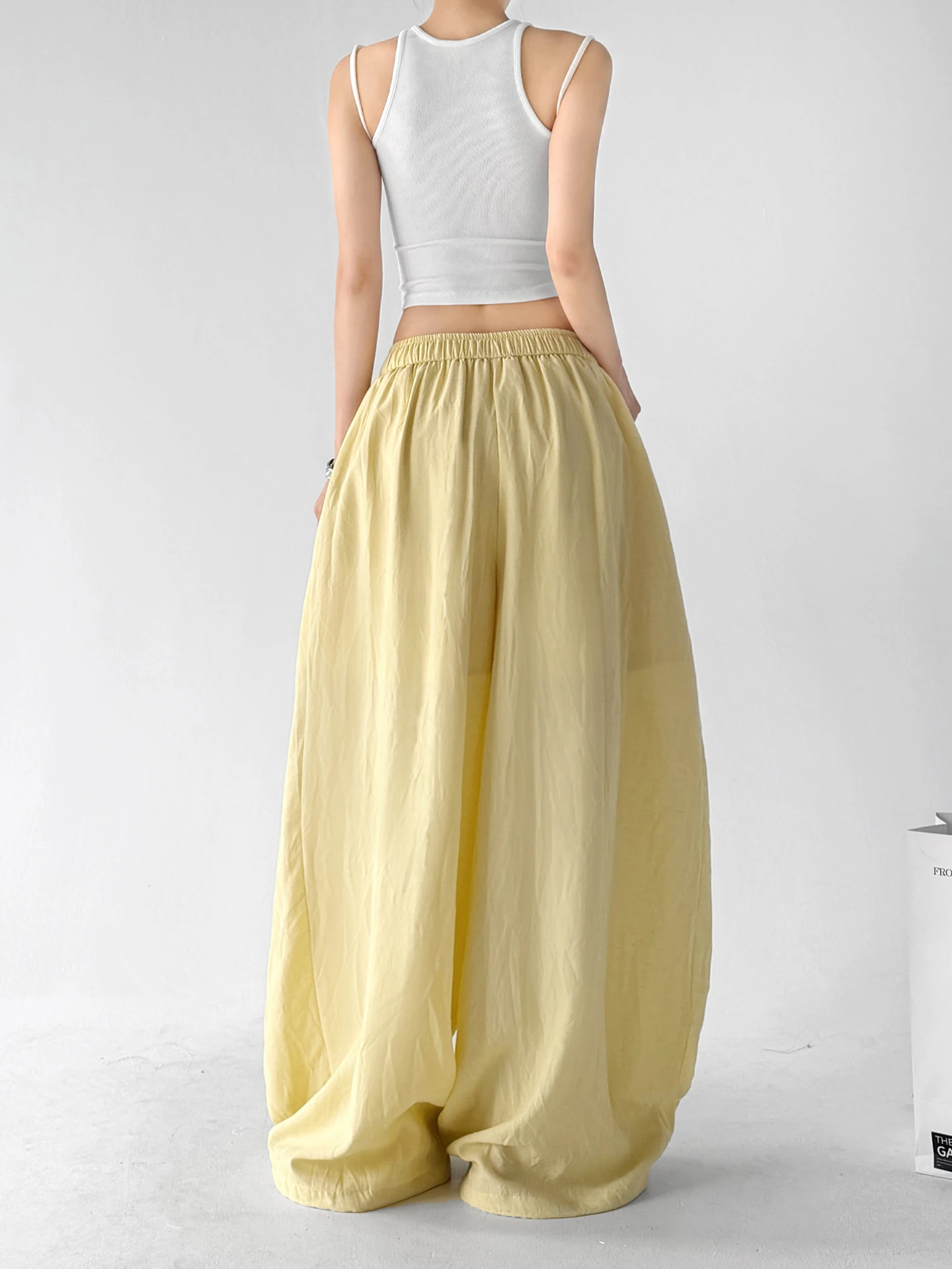 Yellow Ice Silk Cotton Linen Wide Leg Pants High Waist Casual Loose Fit Women's Summer Fashion New Style Student Loose Feeling