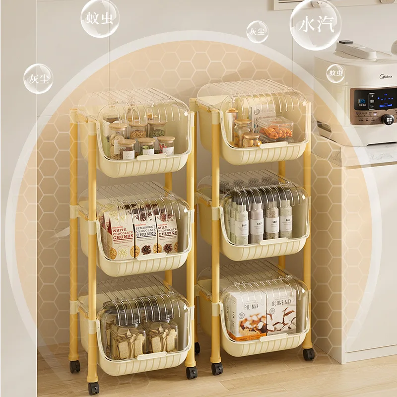 Household dustproof floor storage rack, movable kitchen snack storage rack, pet and baby supplies multi-layer storage rack