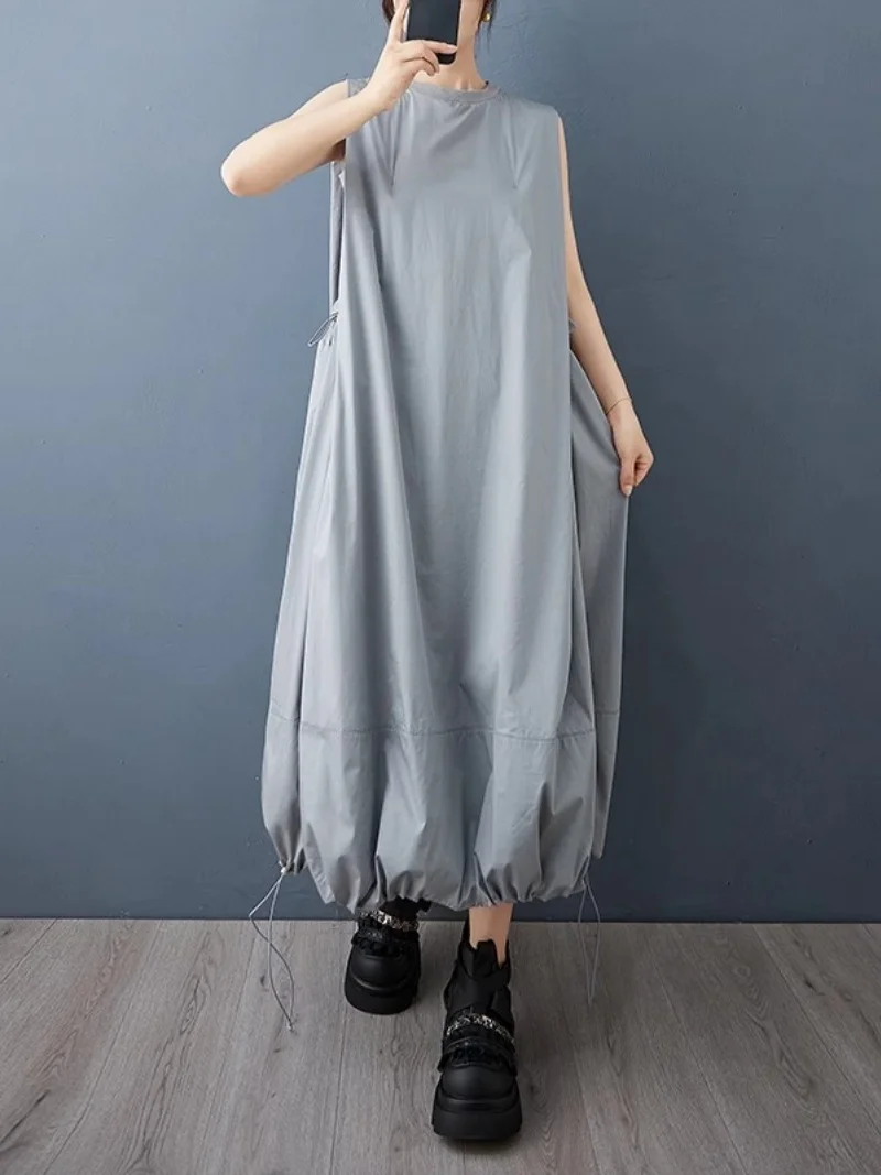 Large Size Design Loose Sleeveless Large Pocket Workwear Drawstring Flower Bud Dress Women's Fashionable Vest Long Dress w473