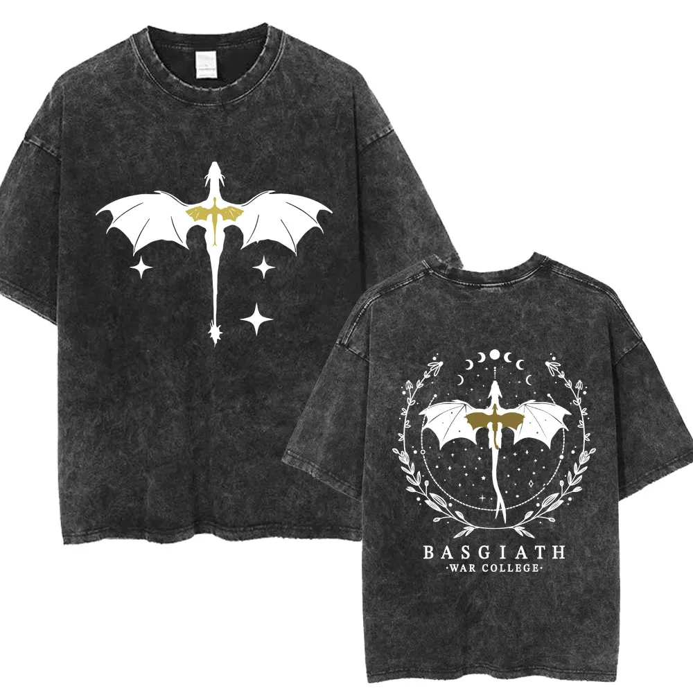 Limted Basgiath War College Washed T-shirts Fourth Wing Dragon Rider Men Women T Shirt Trendy Retro Loose Cotton Tees Streetwear