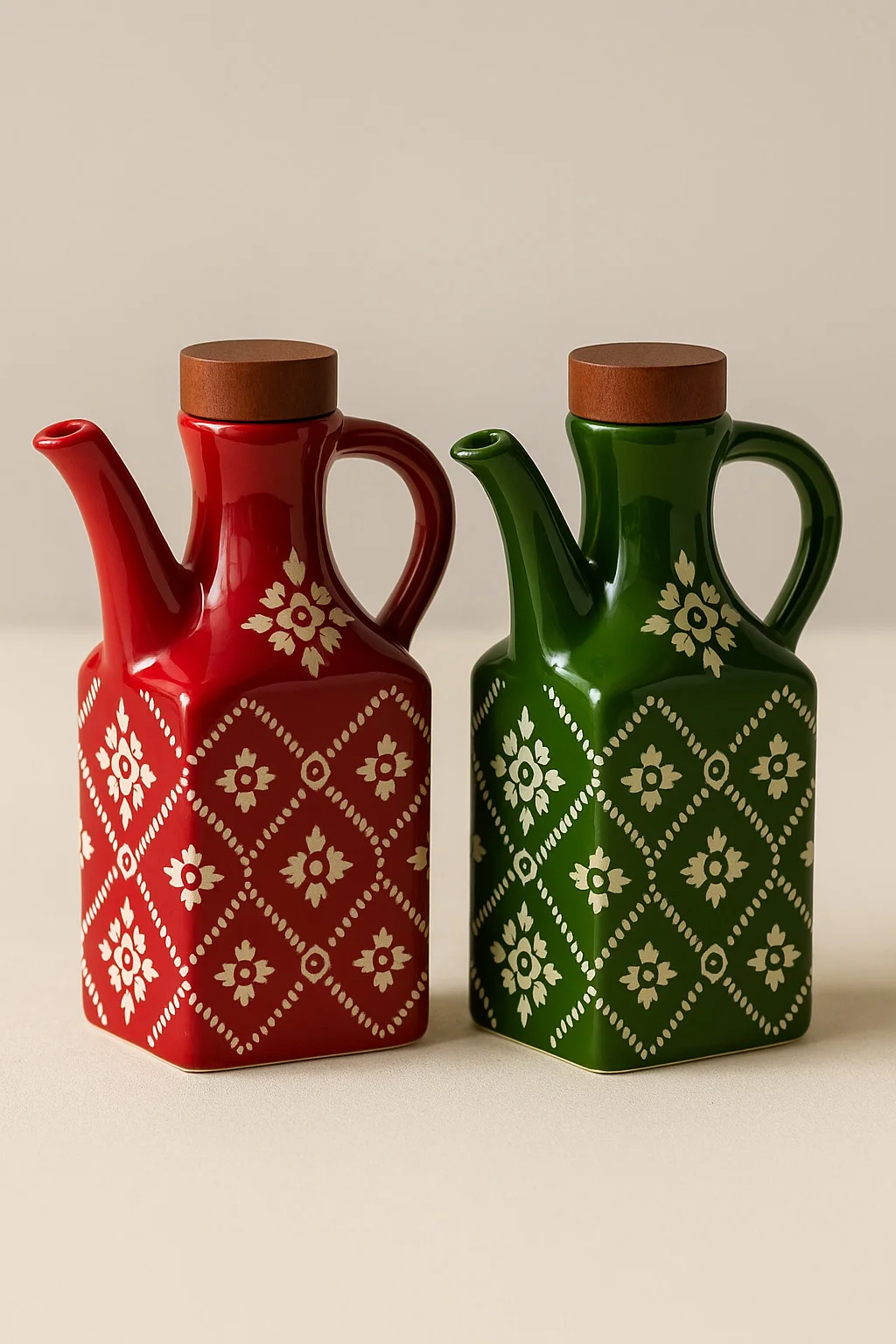

250ML Vintage Square Ceramic Oil Bottle, Japanese Style Floral Soy Sauce Dispenser Cruet with Handle & Wood Lid