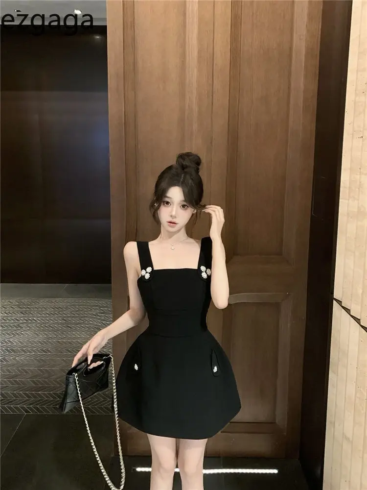 

Ezgaga Woman Dress Sleeveless Square Collar Slim Elegant Vintage Temperament Summer Fashion Mini Dresses Female Party Sexy