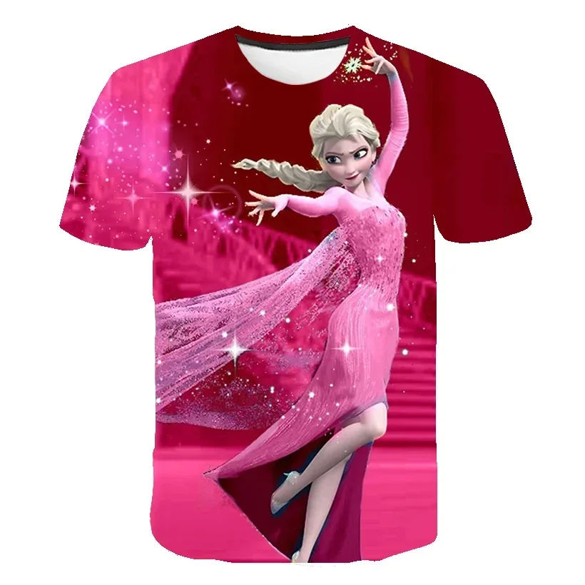 

2024 Summer Disney Cartoon Movie Frozen Anna ElsaChildren 3D Cartoon T-shirt For Girls Tops Tees Cartoon Kids Clothes