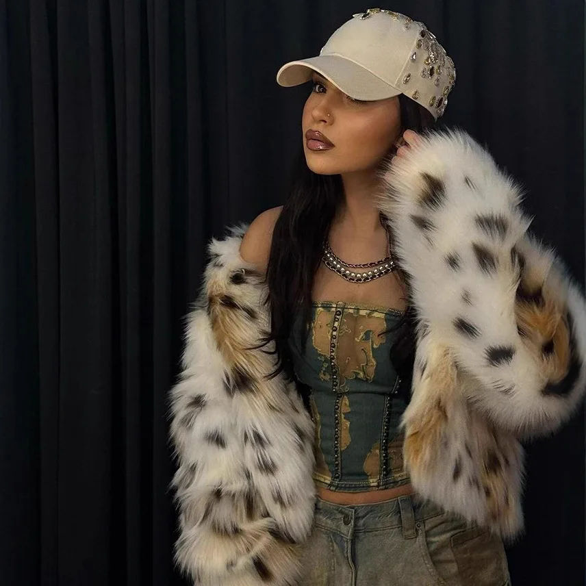 

Пальто из искусственного меха с леопардовым принтом и открытой строчкой, зима 2024, женская мода, роскошные толстые теплые меховые куртки с длинными рукавами, повседневная верхняя одежда