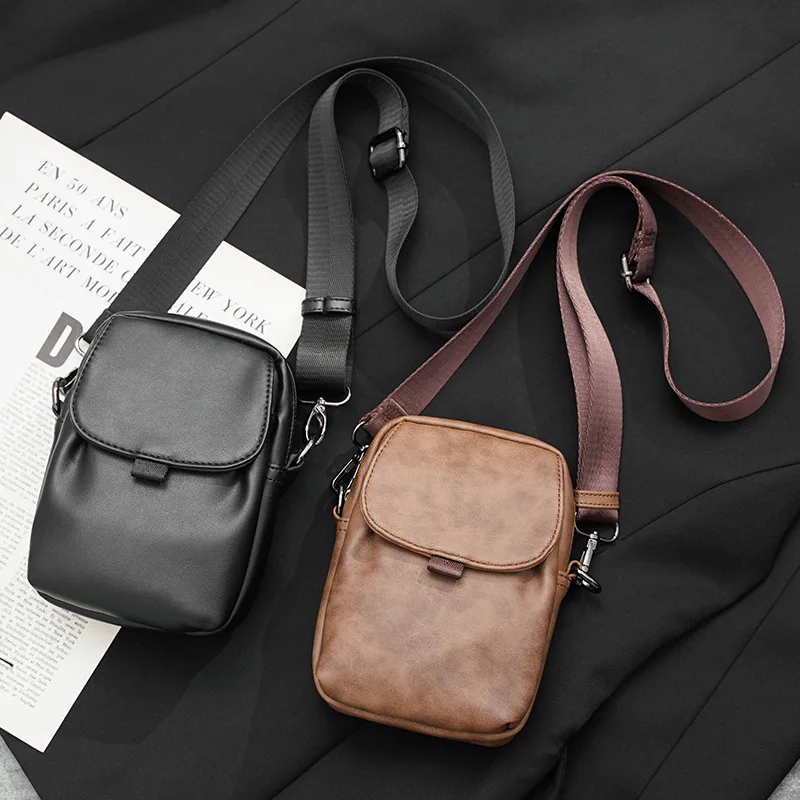 Xiao.p Fashion Men's High Quality Pu Leather Mobile Phone Bag Simple Casual Single Shoulder Bag Sports Men Across Shoulder Bag