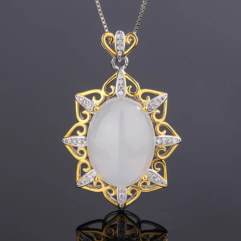 

2023 New In Oval White Jade Pendant Necklace for Women Retro Fashion Luxurious Wedding Party Dress Accessory