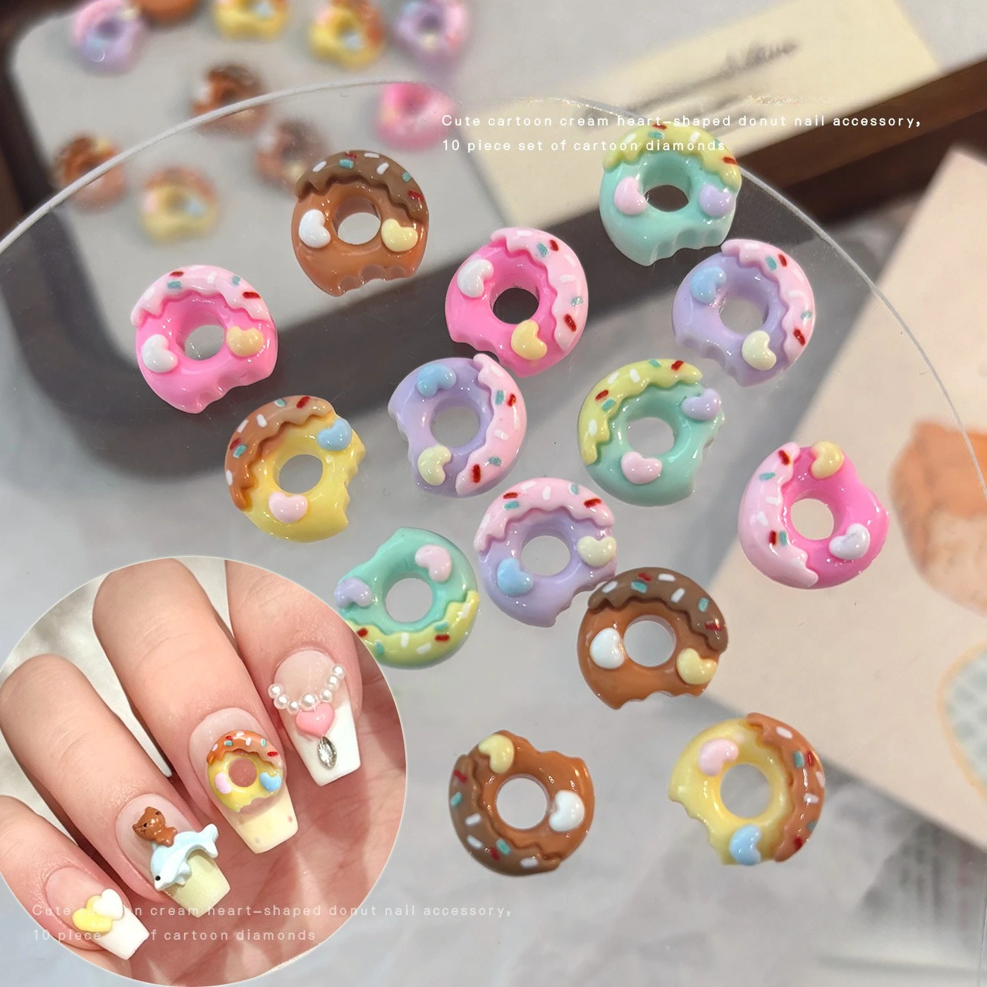 10Pcs Simulation Donut Nail Charms, Cartoon Resin Decorations for DIY Hair Clips, Keychain & Press‑on Nails Accessories
