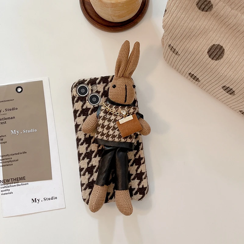 Brown Plush Toy Bunny Phone Case for IPhone 16 15 14 13 12 11 Pro Max Ins Creative Drop Resistant Fabric Back Case