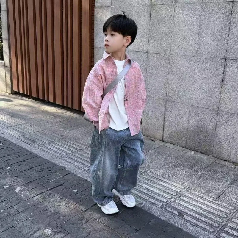 New Boys Long Sleeve Shirt Spring Casual Tops Korean Style Kids Fashion Button Up Blouse Children Clothing Toddler Outerwear