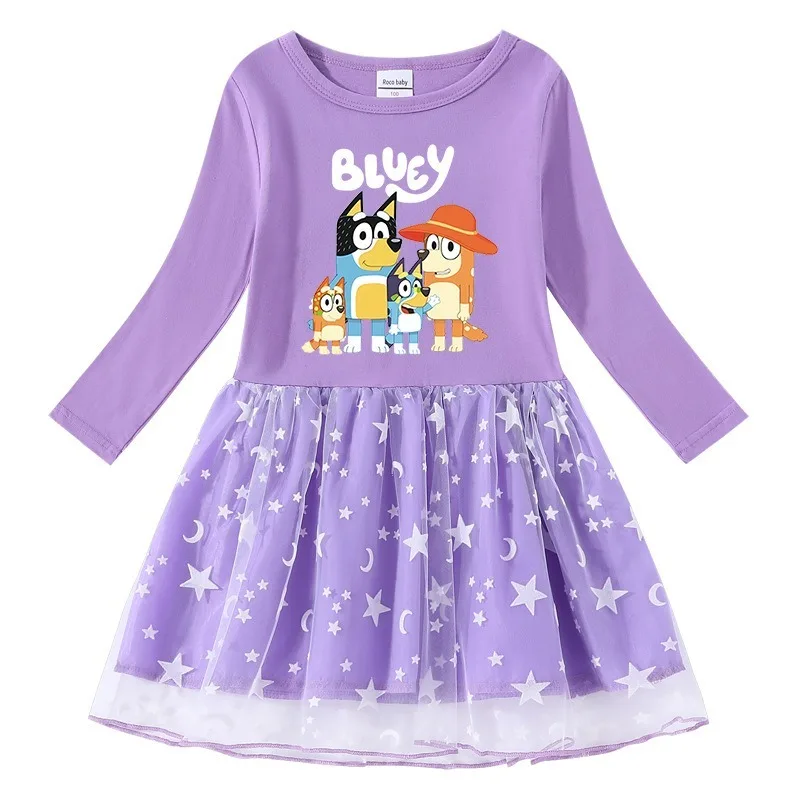 Primavera Autunno Nuovo Bluey Abito da ragazza in cotone stampato Cartoon Star Moon Mesh Manica lunga Abito da principessa Ragazza Regali per feste di compleanno