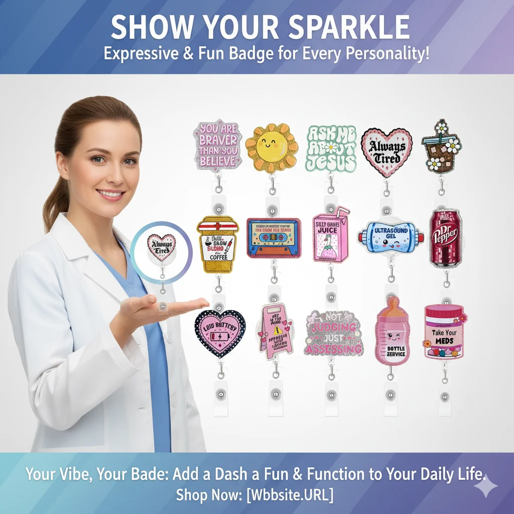 Retractable Badge Reel Comfortable Nurse Id Badge Reel Glitter Acrylic Id Holder Lightweight Funny Quote Id Reel For Work