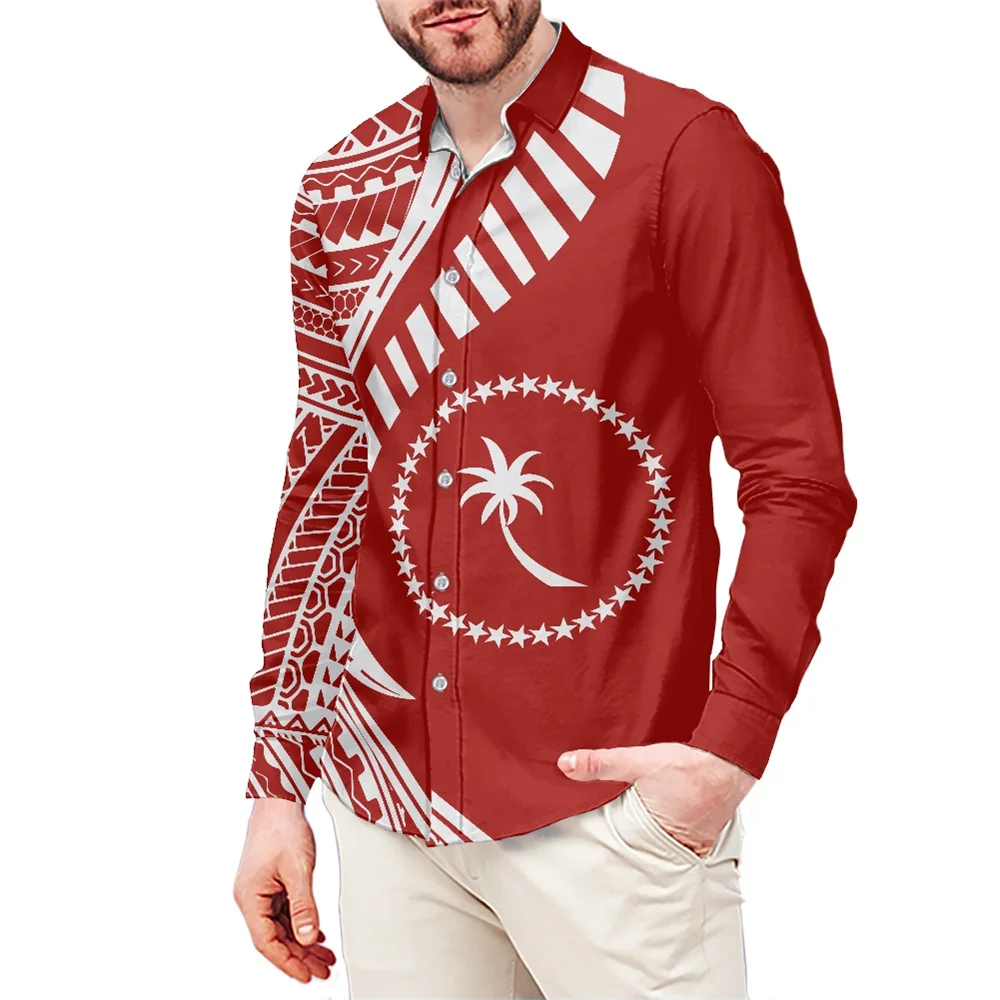 

Autumn Men Casual Fashion Design Polynesian Tribal Clothing CHUUK Island Red Print Long Sleeved Loose Polyester Party Shirt 6XL