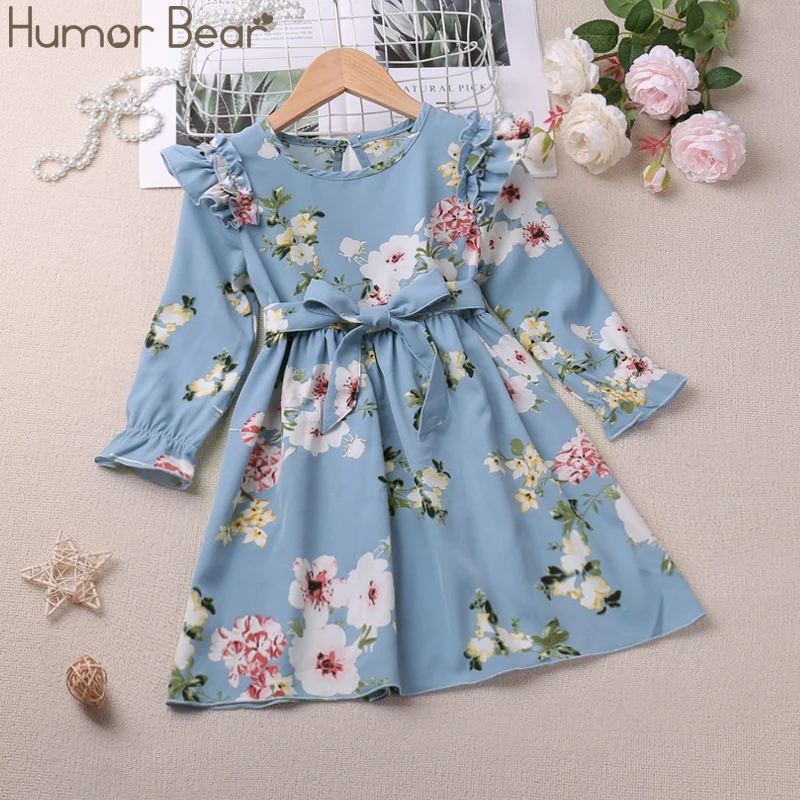 Humor Bear Girls' New Round Neck Dress Long Sleeve Printed Belt Gentle Temperament Party Princess Dress For 2-6Y