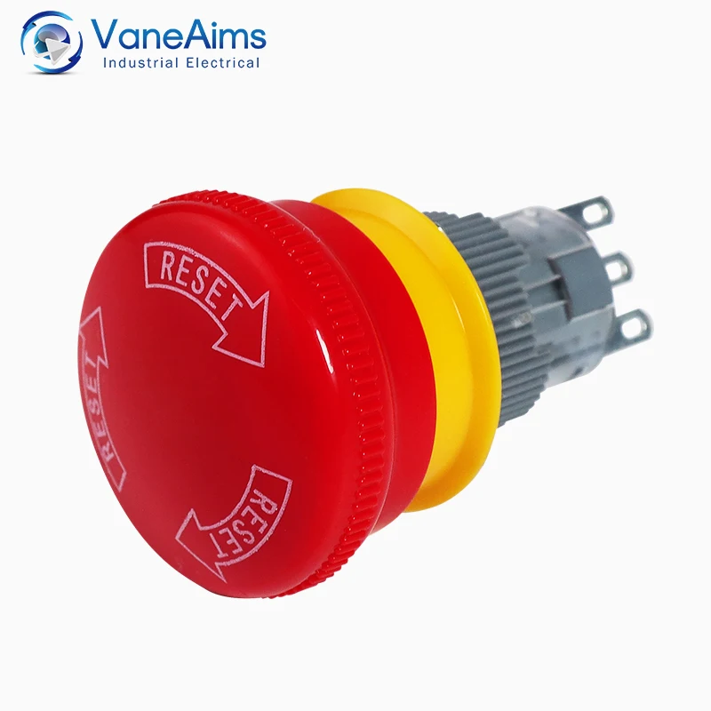 16mm Plastic Emergency Stop Switch VaneAims 1NO1NC Latching Self-locked Red Mushroom Head Push button switch Electrical Control