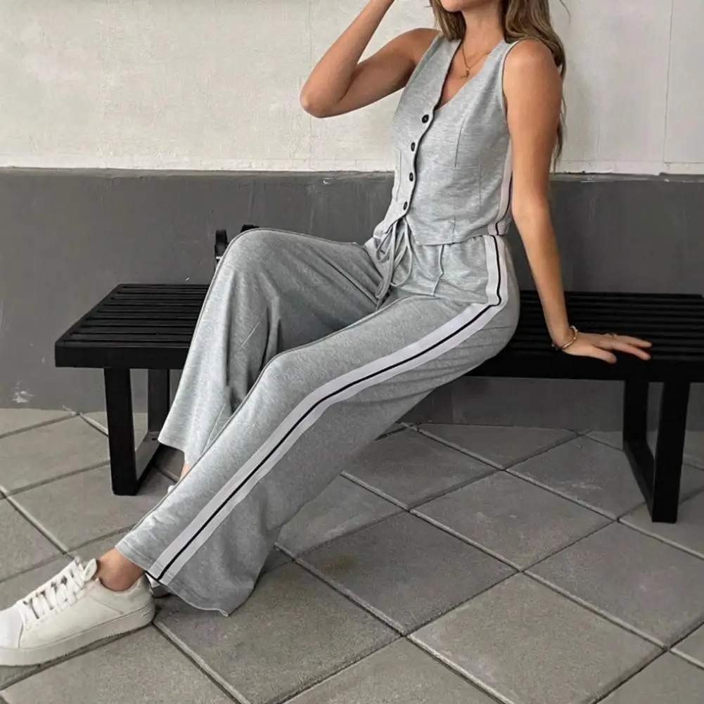 

V Neck Vest Coats Women Two Piece Sets Casual Sleeveless Single Breasted Splice Straight Long Pants Set Autumn Winter Lounge Set