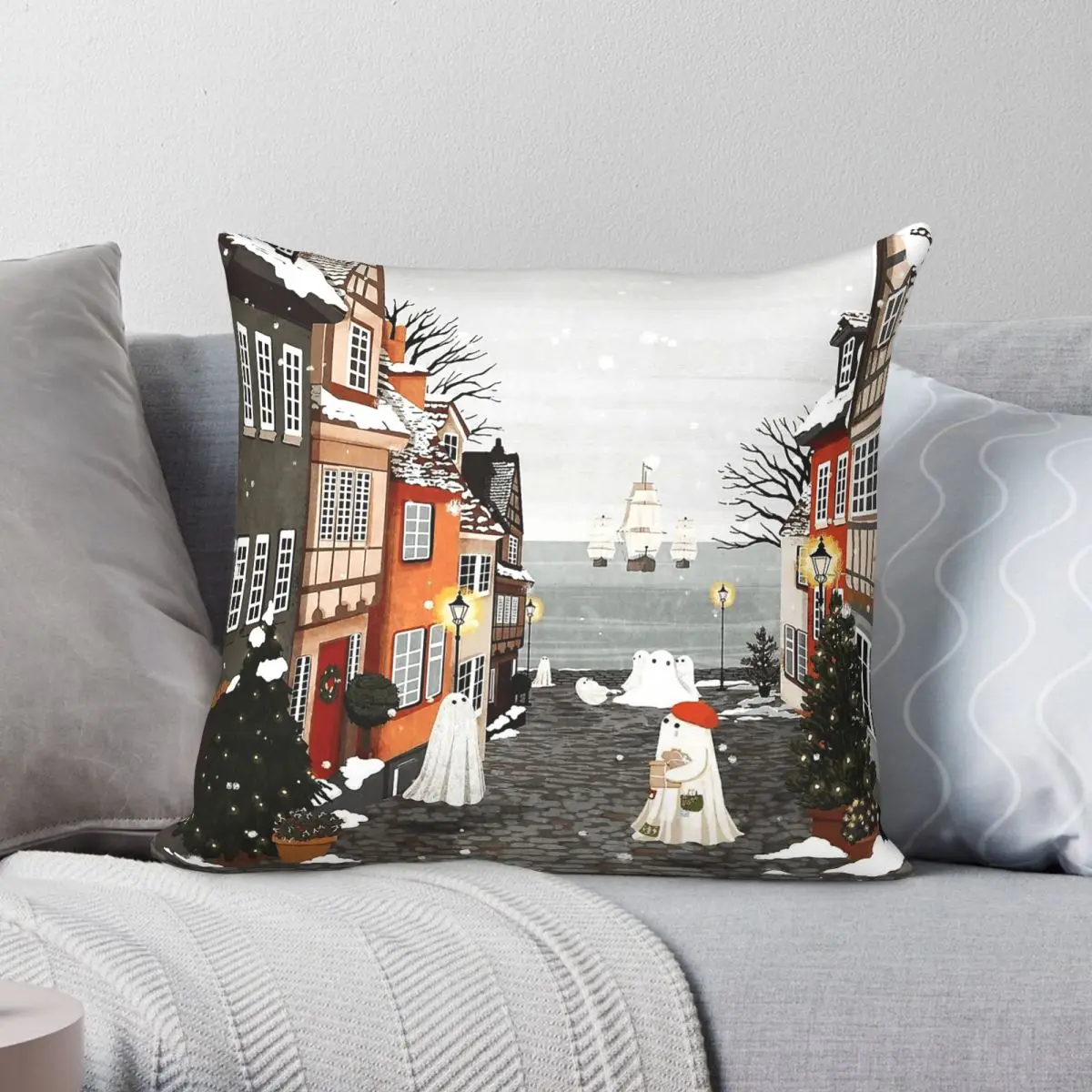 Three Ships Coastal Ghosts Square Pillowcase Polyester Linen Velvet Pattern Zip Decor Pillow Case Room Cushion Cover