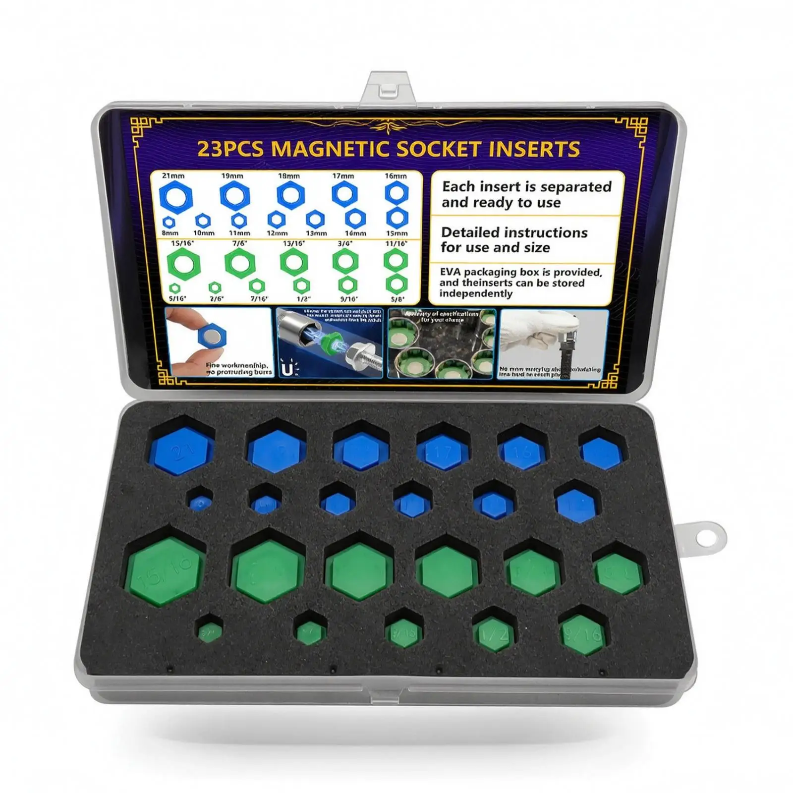Heavy Duty Socket Adapter Kit 23 Piece Magnetic SAE Metric Hex Inserts Organized Case for Home and Garage Use
