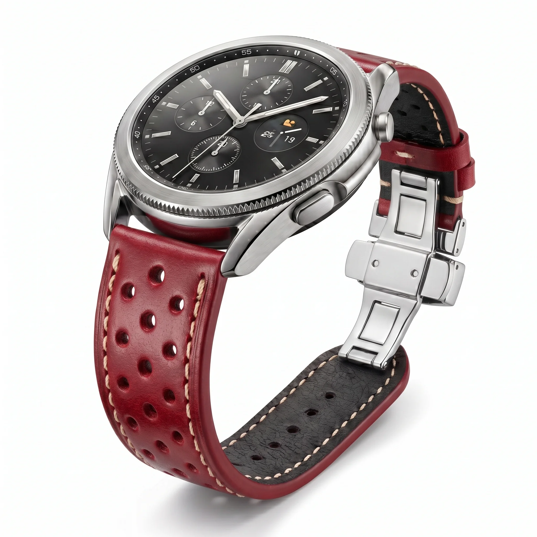 20mm 22mm 24mm Genuine Leather Watch Strap Butterfly Clasp Breathable Perforated Cowhide Watchband Men Smart Watch Folding Belt