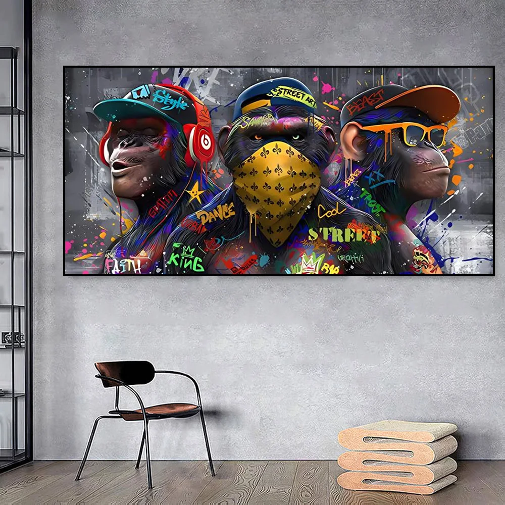 

Three Trendy Orangutans Graffiti Wall Art Poster Print Monkey Listening Music Room Decoration Canvas Painting Home Mural Picture