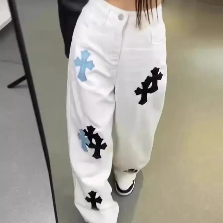 Pantalones vaqueros de pierna ancha con cruz blanca coreana de alta calidad para mujer, nuevo aspecto de verano y otoño, pantalones de pierna recta holgados y ajustados