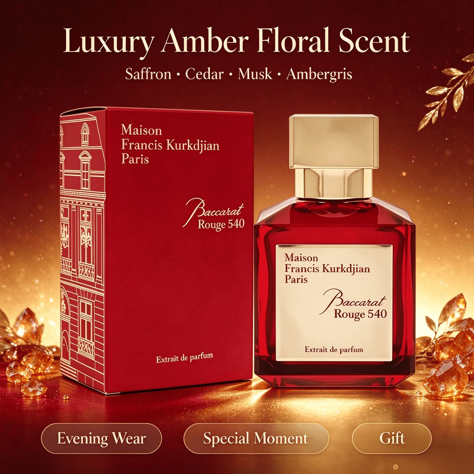 Maison Francis Kurkdjian Baccarat Rouge 540 Extrait De Parfum 70ml Unisex Perfume, Oriental Woody Amber Scent Saffron Jasmine Cedarwood, Strong Long Lasting Sillage Luxury Fragrance Spray for Men Women, Ideal Holiday Birthday Gift view 2