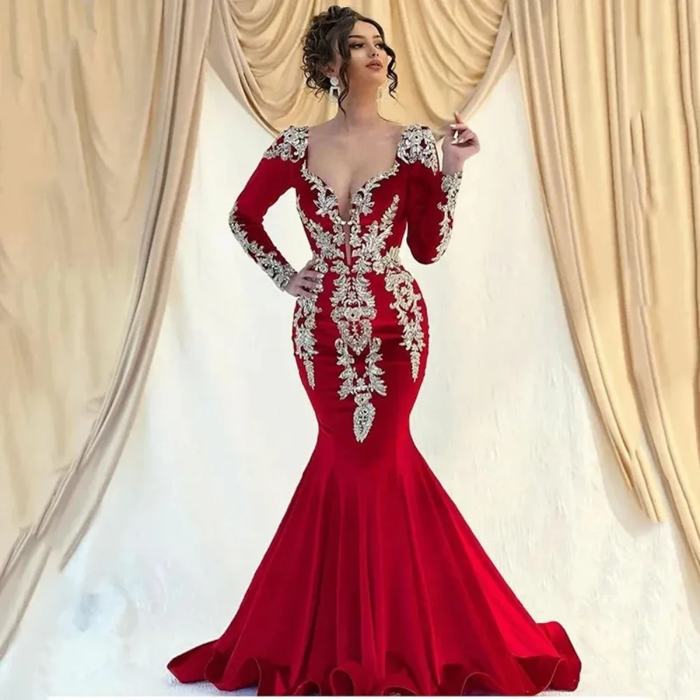 Vestidos de noite vermelho veludo sereia decote V para mulheres, mangas compridas, vestidos de baile, celebridade formal, roupões elegantes, luxo, 2024