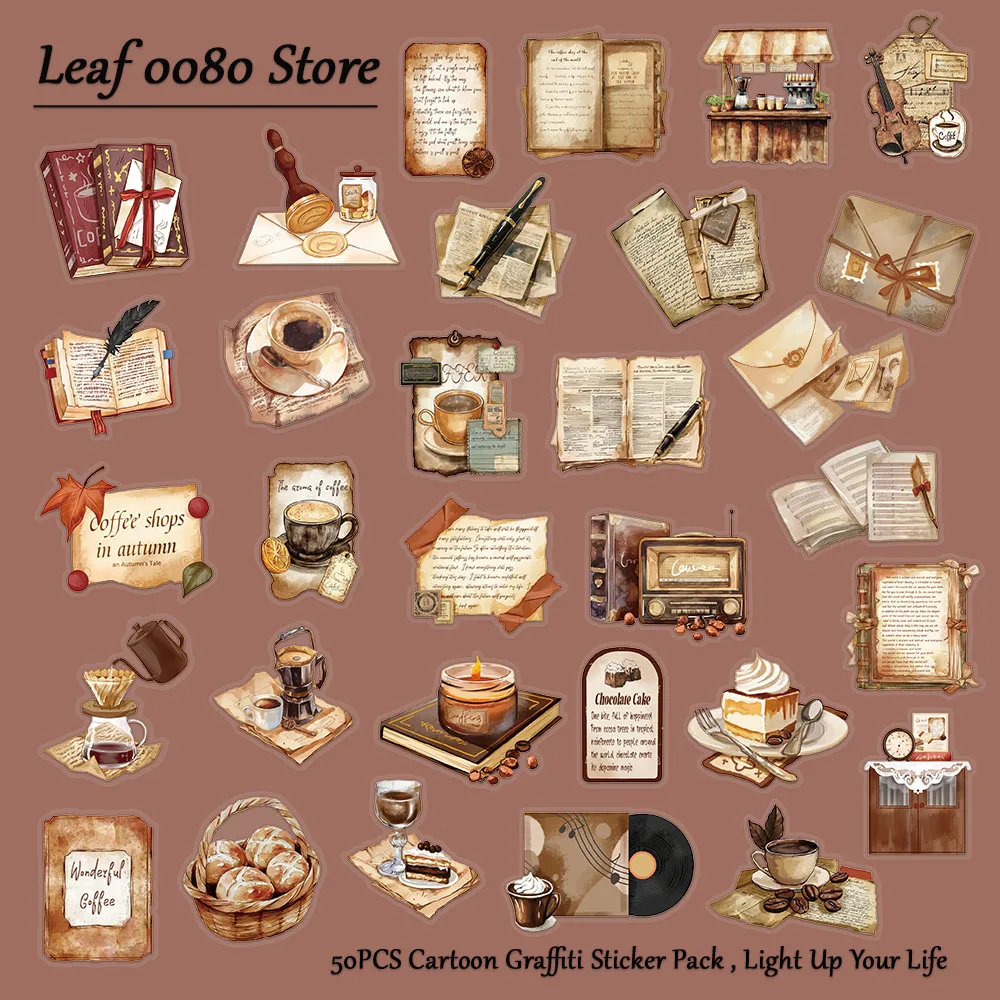 

50PCS Coffee House Stickers Retro Style Transparent Toy Decals For Student Tablet Scrapbook Makeup Mirror Decorate Stickers