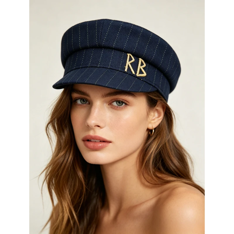 French Retro Spring/Summer Collection Women's Suited Fabric Gold Letter Navy Striped Caps Versatile Niche Street Newsboy Hats