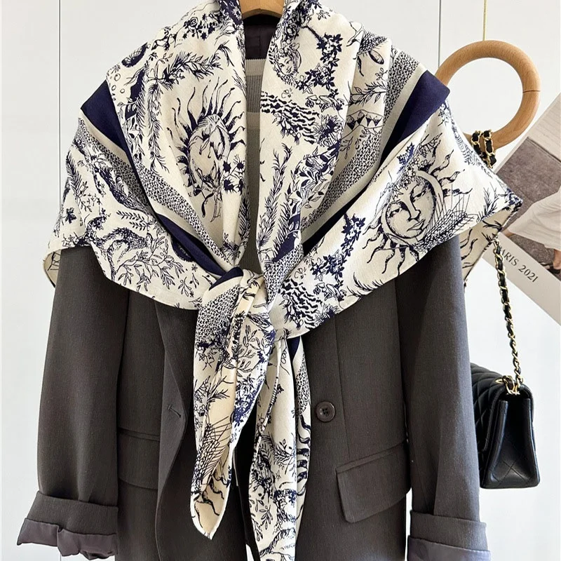 2024 Women Winter Wool Scarves Wraps Double Sided Printing Large Square Warm Shawl Cape 132x132cm