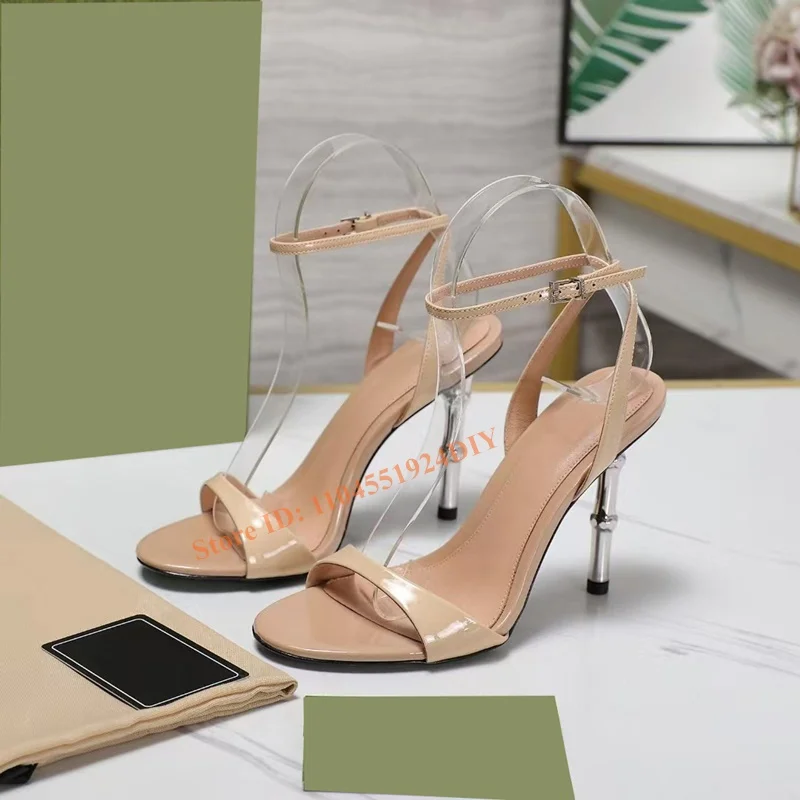 

Женские босоножки из лакированной кожи на каблуке бамбуковой формы, блестящие пикантные модельные туфли на высоком каблуке с круглым носком, вечерние туфли