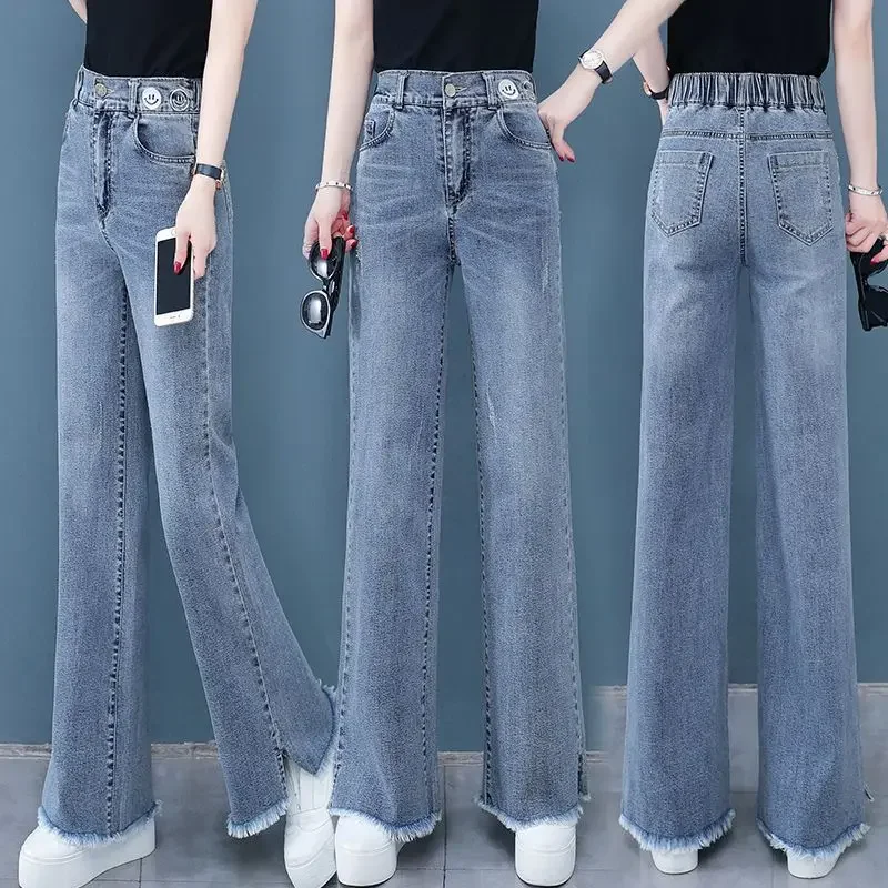 Celana Jeans Wanita Musim Semi Gugur Model Korea Terbaru, Kaki Lebar, Pinggang Tinggi, Potongan Lurus, Warna Khaki, untuk Remaja Putri