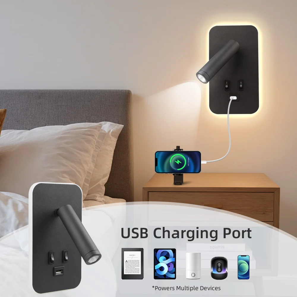 

Прикроватная лампа для мобильного телефона, платный порт USB с освещением, ночные светильники для спальни, вращающаяся головка лампы, домашний декор, светодиодный настенный светильник