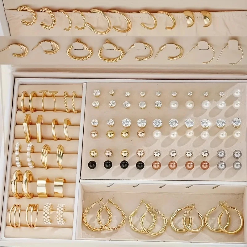102/108Pcs Boho Geometric Twisted Hoop Earrings Exquisite Rhinestone Imitation Pearl Earrings Set Women's Elegant Party Jewelry