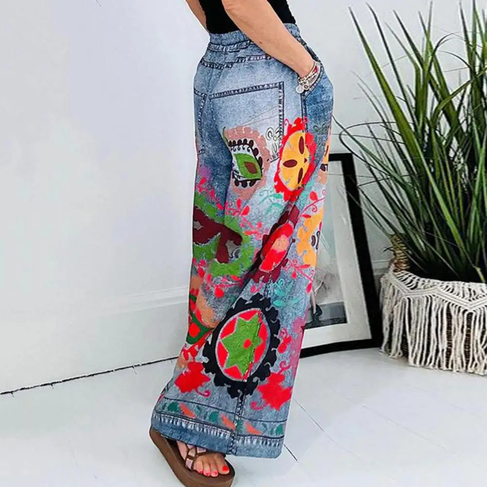 Imitatie Denim Zakbroek Overdreven Bedrukte Broek Met Wijde Pijpen En Elastische Taille Voor Dames En Imitatie Van Zakken