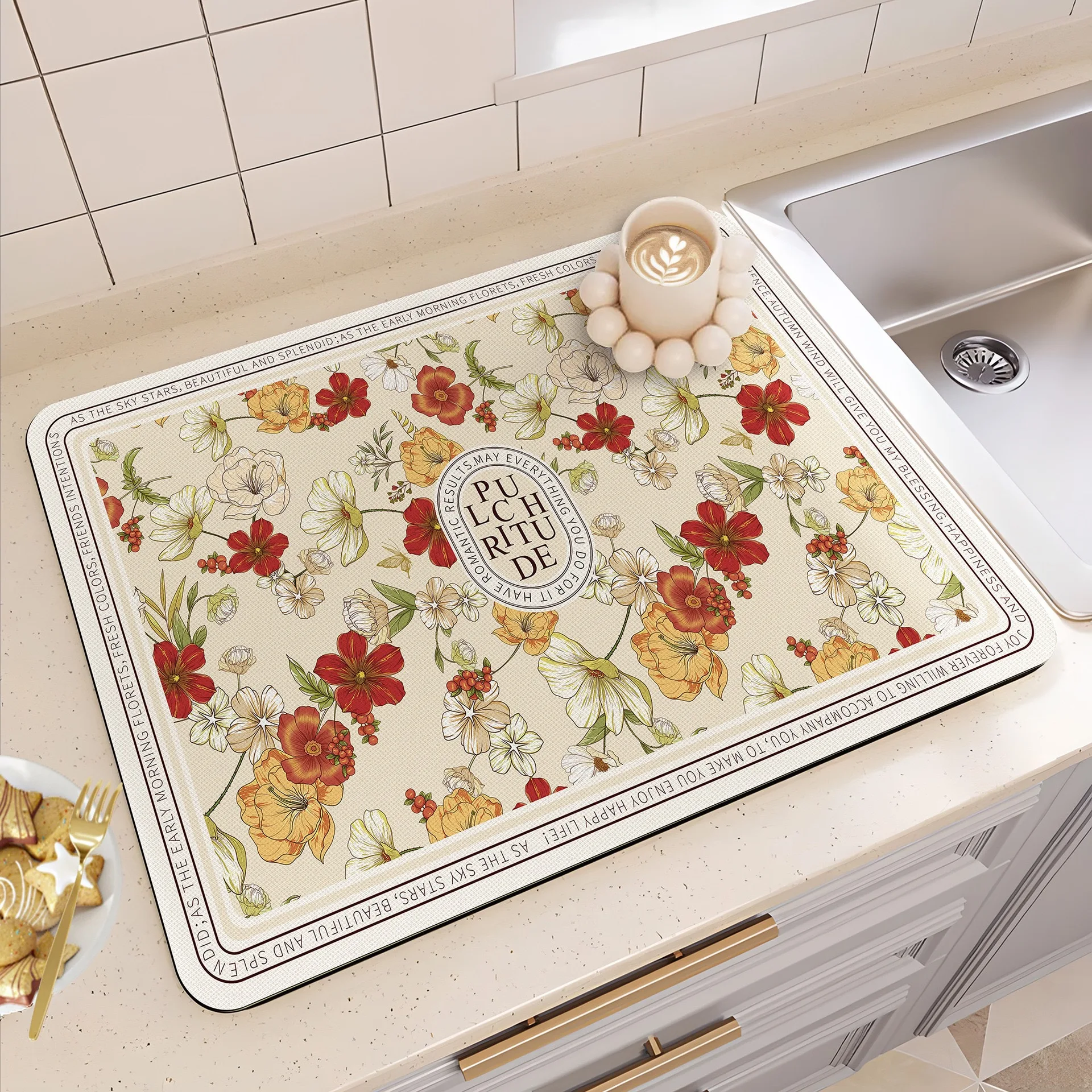 VIKAMA Vintage American Floral Border Dish Drying Mat Absorbent Non Slip Waterproof Coffee Machine Kitchen Counter Pad