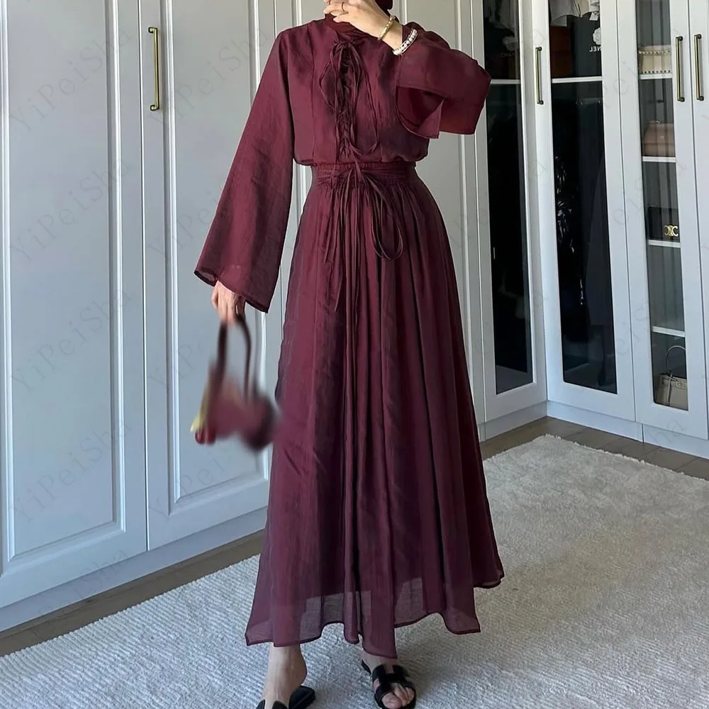 

Customized A-Line Prom Dresses Tea-Length O-Neck Full Sleeve Evening Gown Fashion Bow Lace-Up Simple Draped Casual Party Gown